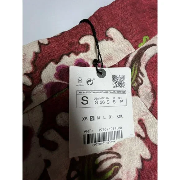 Zara Rustic Red Floral printed linen blend Pants High Waist Bloggers Fav size S - Picture 5 of 5